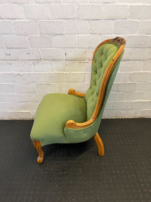 Vintage Green Upholstered Accent Chair with Carved Wood Frame