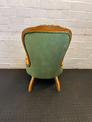 Vintage Green Upholstered Accent Chair with Carved Wood Frame