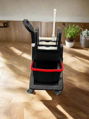 Compact Black Cleaning Trolley with Red Trim – Slight Scratch Marks
