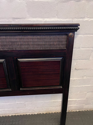 Elegant Dark Wood Queen Size Headboard with Rattan Accents