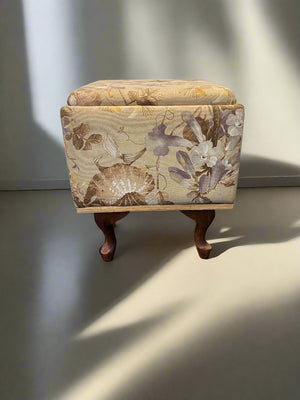 Charming Floral Upholstered Footstool with Wooden Legs