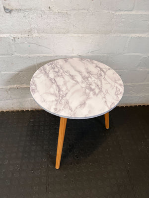 Chic Marble Look Round Side Table with Wooden Legs