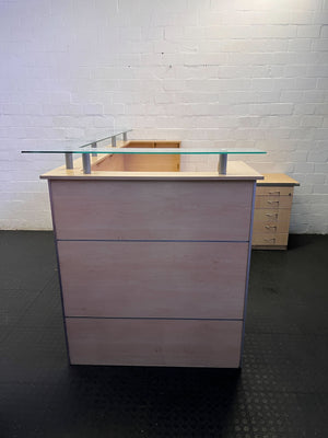 Modern L-Shaped Reception Desk with Glass Top & Mobile Pedestal