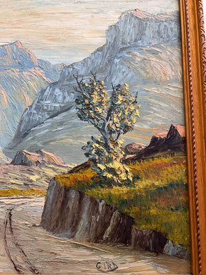 Vintage Mountain Road Landscape Oil Painting in Wooden Frame