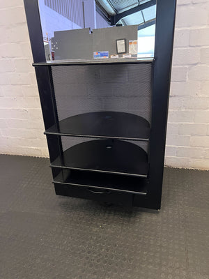 Sleek Black Mirrored Display Unit with Shelves & Drawer