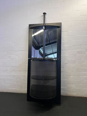Sleek Black Mirrored Display Unit with Shelves & Drawer