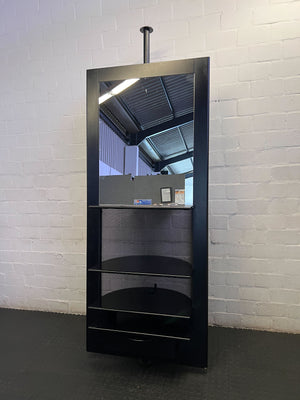 Sleek Black Mirrored Display Unit with Shelves & Drawer