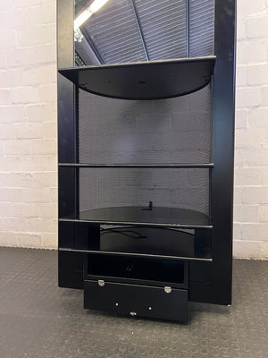 Sleek Black Mirrored Display Unit with Shelves & Drawer