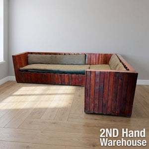 Rustic Wooden Sectional Sofa with Grey Cushions - Fair used