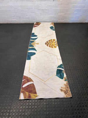 Elegant Tropical Leaf Pattern Runner Rug with Gold Accents - 2ndhandwarehouse.com