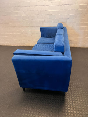 Sleek Royal Blue Velvet Sofa - some sun damage to the side - 2ndhandwarehouse.com