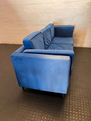 Sleek Royal Blue Velvet Sofa - some sun damage to the side - 2ndhandwarehouse.com