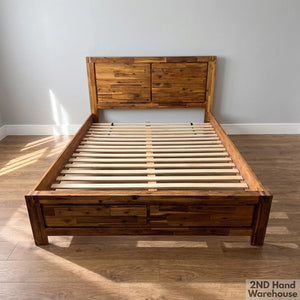 Stunning Solid Acacia Wood Bed Frame with Integrated Storage Drawers - 2ndhandwarehouse.com