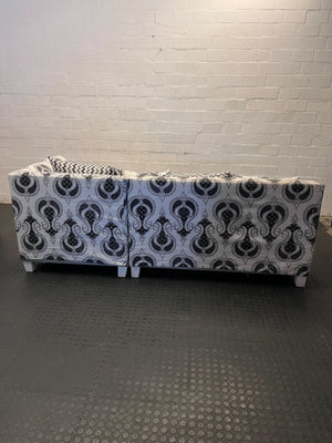 Stylish Black & White Paisley Sectional Sofa with Chaise & Cushions