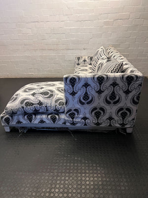 Stylish Black & White Paisley Sectional Sofa with Chaise & Cushions