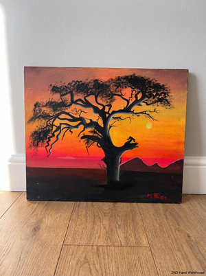 African Sunset Tree Landscape Painting - Signed by M. Fourie - 2ndhandwarehouse.com