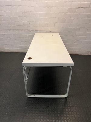 White Office Desk with Modesty Panel and Metal Frame — Visible Scuffs and Marks from Use