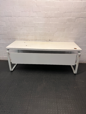 White Office Desk with Modesty Panel and Metal Frame — Visible Scuffs and Marks from Use