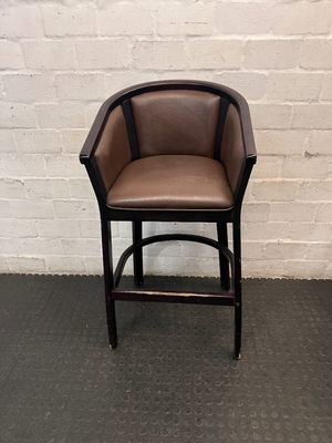 Dark Wood Tub-Style Bar Stool with Brown Upholstery — Visible Scuffs on Wooden Frame
