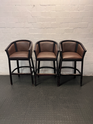 Dark Wood Tub-Style Bar Stool with Brown Upholstery — Visible Scuffs on Wooden Frame