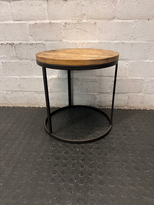 Round Wooden Side Table with Metal Frame