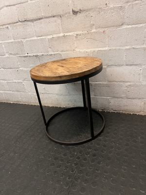Round Wooden Side Table with Metal Frame