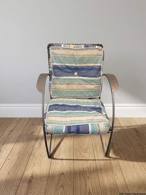 Grey Sprayed Metal Outdoor Chair with Striped Cushion — Fair Condition