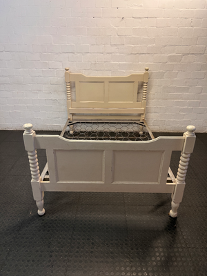 Vintage Style Cream Double Bed Frame with Spindle Posts — Fair Condition with Aged Finish and Base Patina