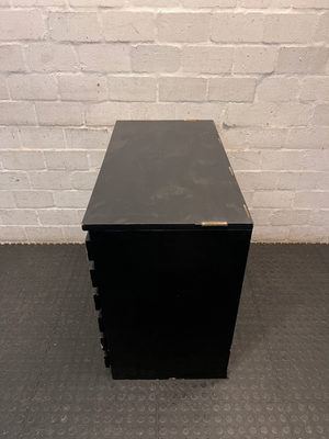 Black 6-Drawer Office Filing Unit — Visible Surface Scuffs and Chipping