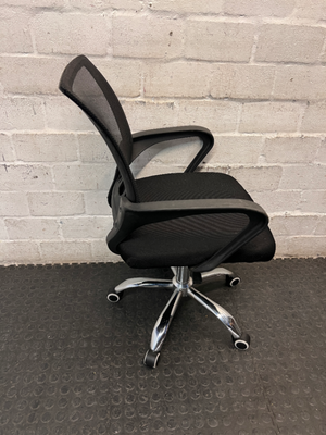 Black Mesh Mid-Back Office Chair with Chrome Base — Good Condition with Scuffs on Armrest
