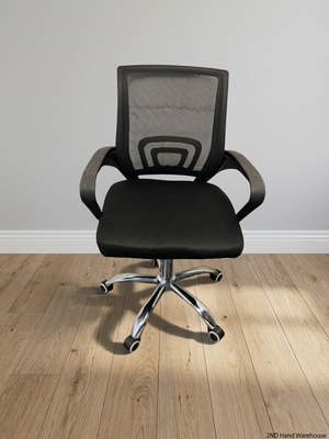 Black Mesh Mid-Back Office Chair with Chrome Base — Good Condition with Scuffs on Armrest
