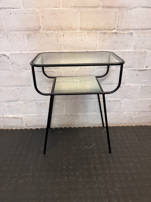 Black Metal Pedestal Table with Glass Top and Mirror Shelf - Fair Condition - 2ndhandwarehouse.com