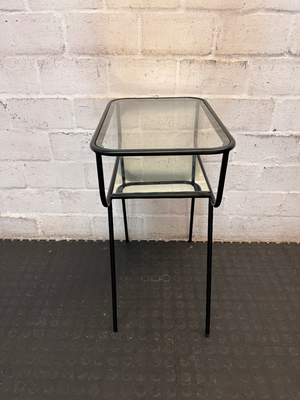 Black Metal Pedestal Table with Glass Top and Mirror Shelf - Fair Condition - 2ndhandwarehouse.com