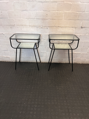 Black Metal Pedestal Table with Glass Top and Mirror Shelf - Fair Condition - 2ndhandwarehouse.com