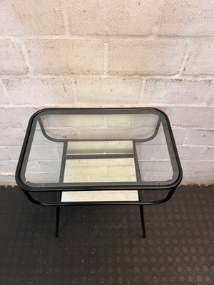 Black Metal Pedestal Table with Glass Top and Mirror Shelf - Fair Condition - 2ndhandwarehouse.com