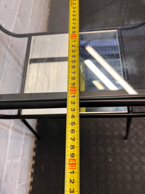 Black Metal Pedestal Table with Glass Top and Mirror Shelf - Fair Condition - 2ndhandwarehouse.com