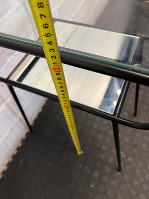 Black Metal Pedestal Table with Glass Top and Mirror Shelf - Fair Condition - 2ndhandwarehouse.com