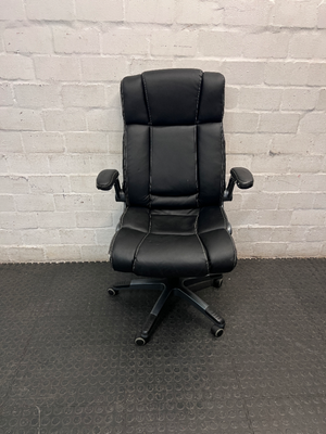 Black Mid-Back Swivel Office Chair with Contrast Stitching — Visible Wear; One Chair Has Unattached Armrests