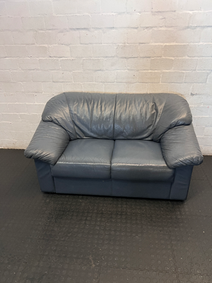 Blue 2-Seater Leather Couch - Well Used, Visible Creasing & Seam Tear - 2ndhandwarehouse.com