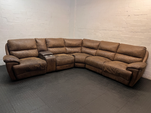 Brown L-Shaped Corner Lounge Suite with Console — Worn Material on Recliner Leg Piece - 2ndhandwarehouse.com