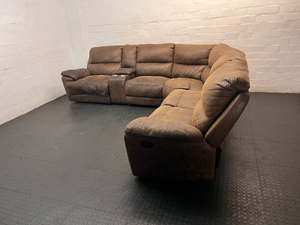Brown L-Shaped Corner Lounge Suite with Console — Worn Material on Recliner Leg Piece - 2ndhandwarehouse.com