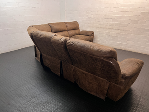 Brown L-Shaped Corner Lounge Suite with Console — Worn Material on Recliner Leg Piece - 2ndhandwarehouse.com