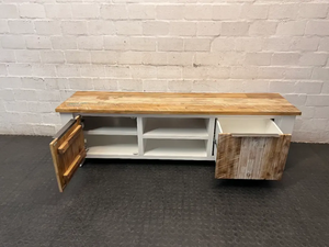 Cielo White and Natural Wood TV Unit — Mark from Candle Spillage on Surface