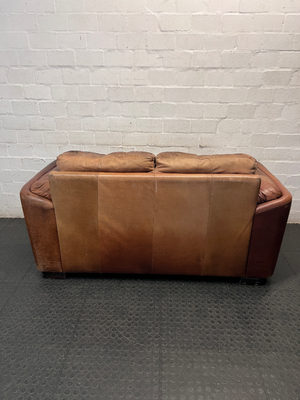 Classic Brown Two-Tone Leather 2 Seater Couch — Mismatched Leather Tones and Heavy Creasing