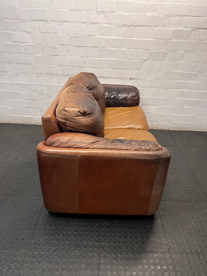 Classic Brown Two-Tone Leather 2 Seater Couch — Mismatched Leather Tones and Heavy Creasing