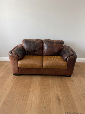 Classic Brown Two-Tone Leather 2 Seater Couch — Mismatched Leather Tones and Heavy Creasing