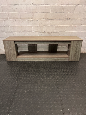 Contemporary Oak-Finish TV Unit with Glass Shelf — Fair Condition with Minimal Damage