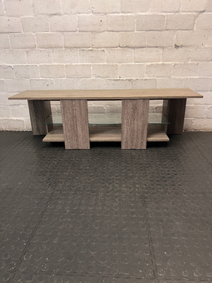 Contemporary Oak-Finish TV Unit with Glass Shelf — Fair Condition with Minimal Damage