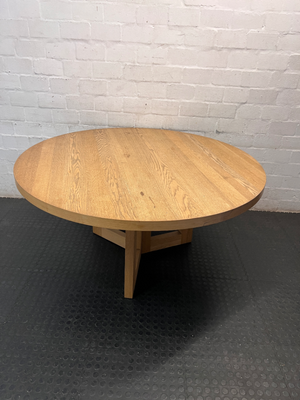 Coricraft Round Wooden Dining Table with Pedestal Base — Fair Condition with Visible Wear - 2ndhandwarehouse.com