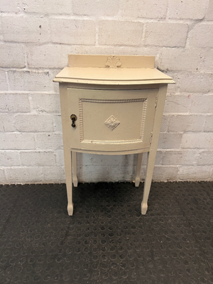 Cream Bow-Front Wooden Bedside Table with Raised Legs — Fair Condition with Paint Wear